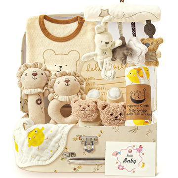 9pcs Newborn Baby Gift Baskets for Boys Girls Baby Shower, 2 Rattle/Seat Hang Toy/Blanket/Bodysuit/Bib/ 3D Socks/Wood