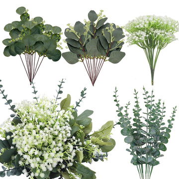 100 Pcs Mixed Artificial Eucalyptus Stems Bulk with Baby's Breath Fake Flowers Artificial Greenery Decoration