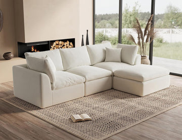 110" Cloud Sectional Couches , Convertible L-Shape Couch with Ottoman, 3 Seater Modular Sectional Sofa, Warm White