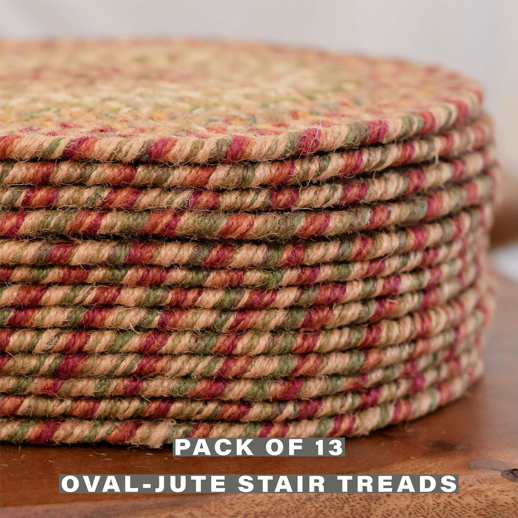 Harvest Jute Braided Stair Treads, Oval 8x28 Set of 13 | Multicolor Non Slip Rugs for Staircase and Protects Hardwood