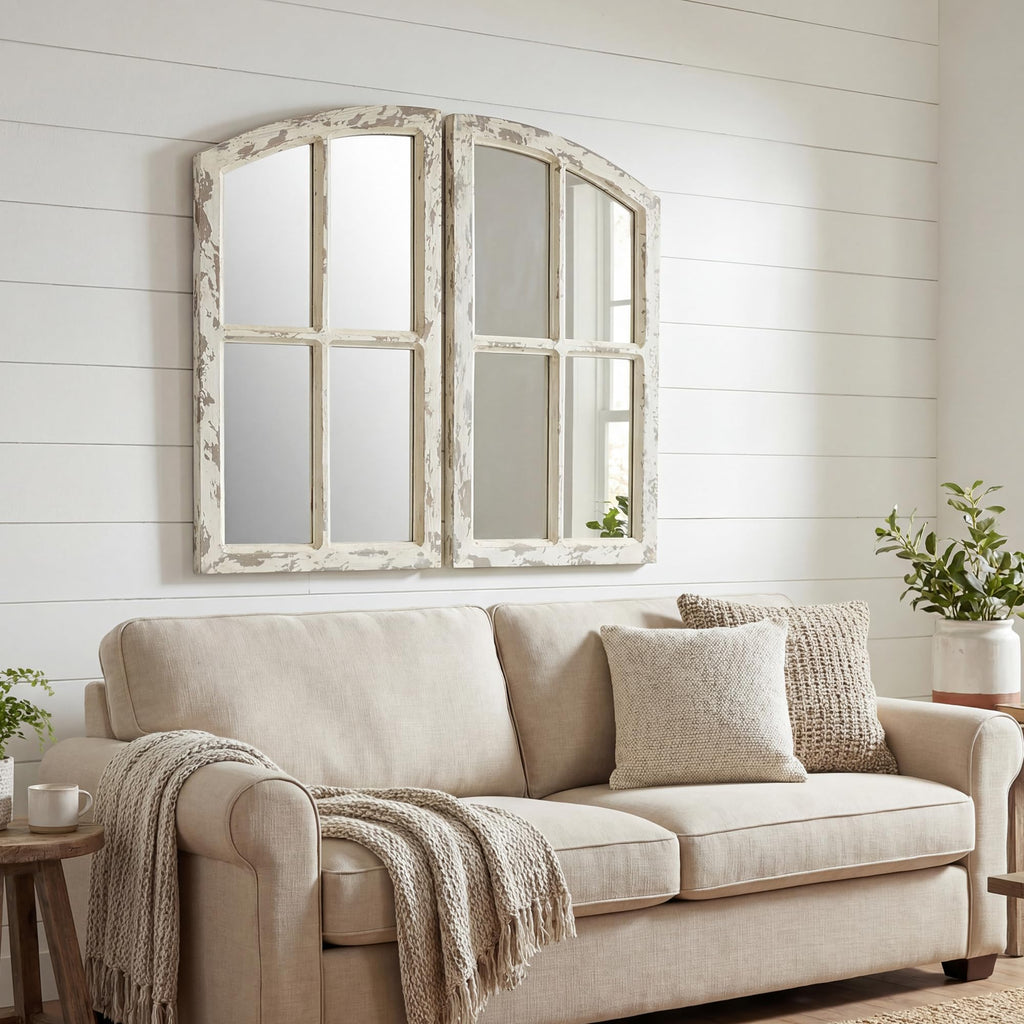 Farmhouse Mirror, Decoration Wood Arch Window Wall Mounted Mirror