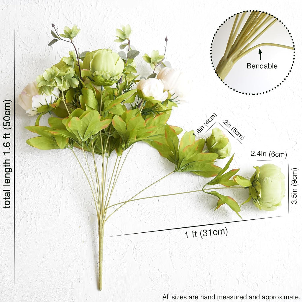 Cream Beige & Moss Green Artificial Peony Bouquet - Set of 2
