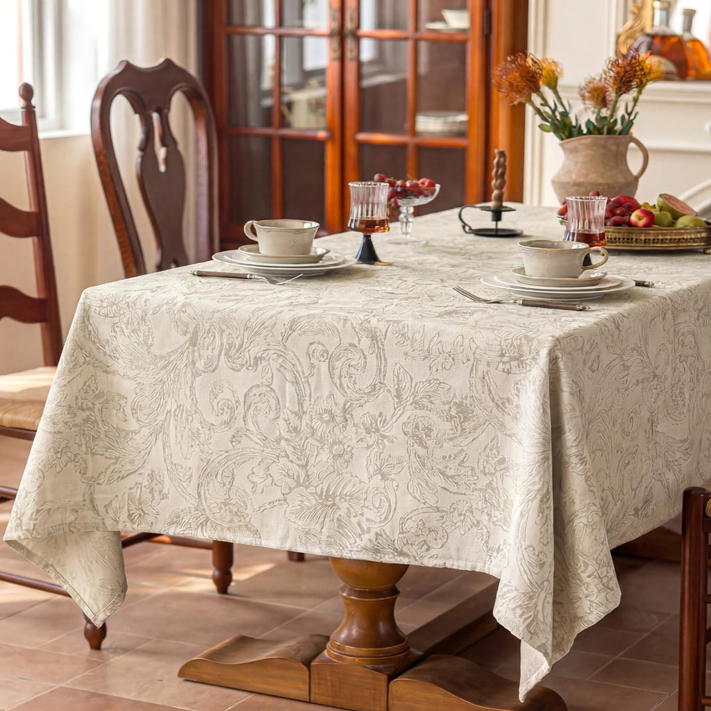 Rectangular Beige Tablecloth 60x108 Inch, Cotton Polyester Thick Washable Fabric Table Cloth, Jacquard Modern