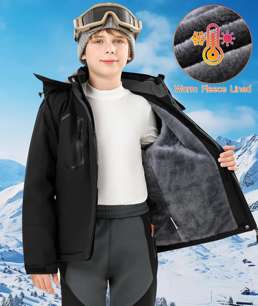 Kids Winter Jackets Warm Fleece Waterproof Snow Jacket with Zipper Pockets Detachable Hood