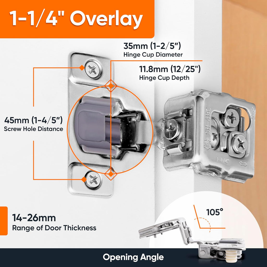 50 Pack Soft Close Cabinet Hinges 1-1/4" Overlay Doors, Slow Self-Closing Concealed Hidden Hinges for Face Frame