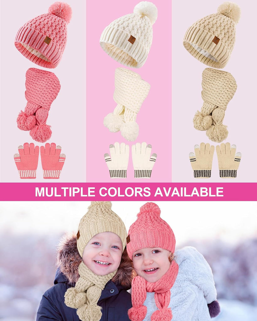 Kids Winter Hat Gloves Scarf Set, Girls Boys Toddler Winter Hat Beanie Pom Knitted Scarves Mittens Fleece Lined Age