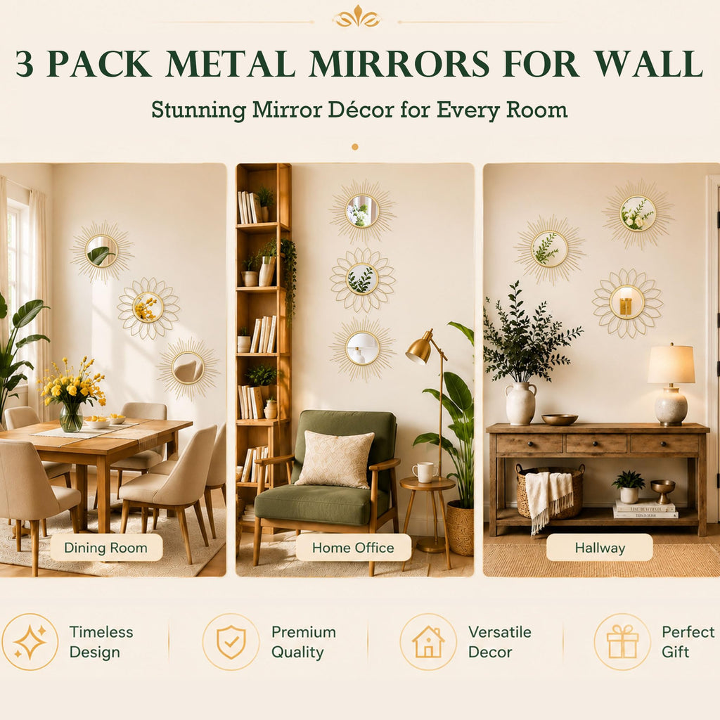 3 Pack Metal Mirrors for Wall Gold Sunburst Wall Mirror Home Decor Accent