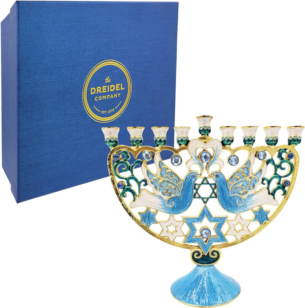Hanukkah Large 12-Inch Tall Hand Painted Enamel, Star of David Magen David & Blue Bird Design, Hand-Painted Enameled