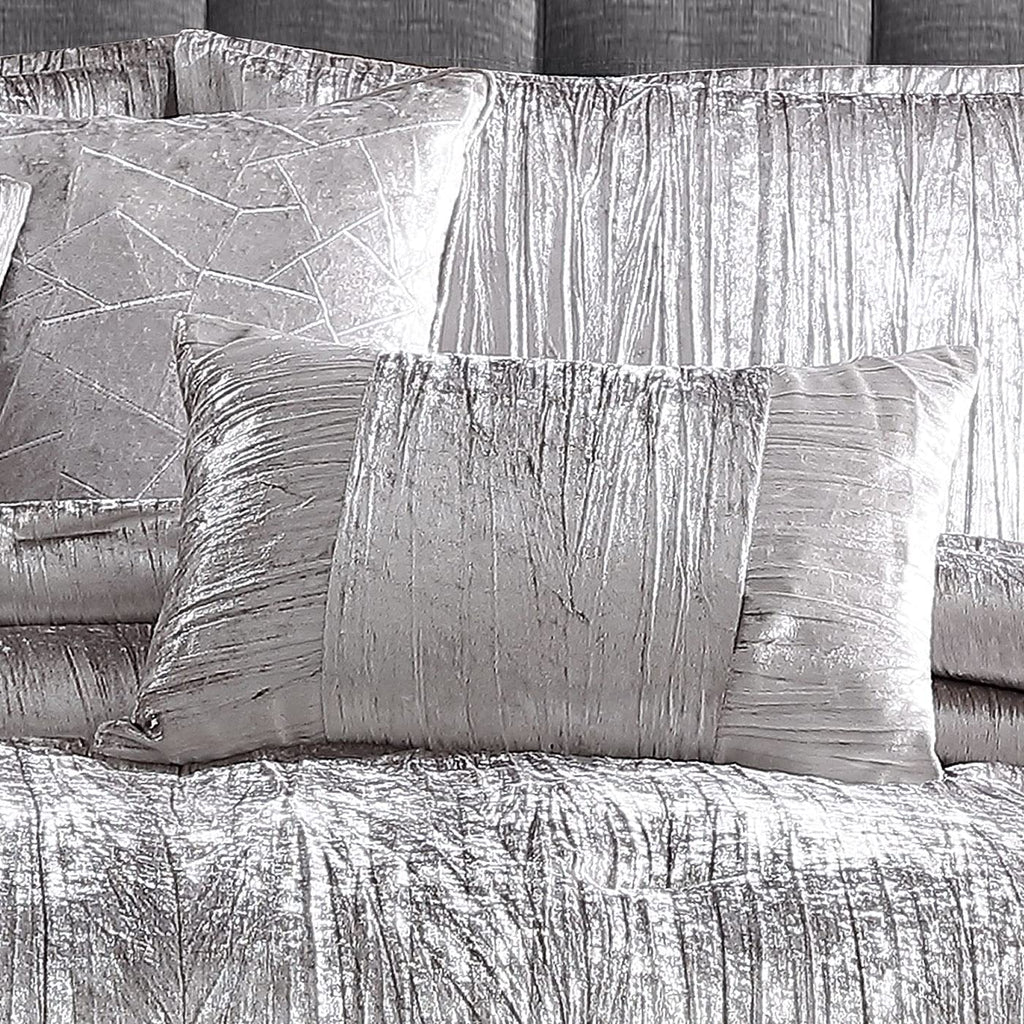Turin Crinkle Velvet Comforter Bedding Set, Queen Size, Glam Textured Décor, Silver, 7 Pieces