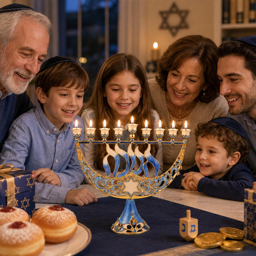 Hand Painted Enamel Candelabra with Star of David and Hanukkah Design and Embellished with Gold Accents and Crystals