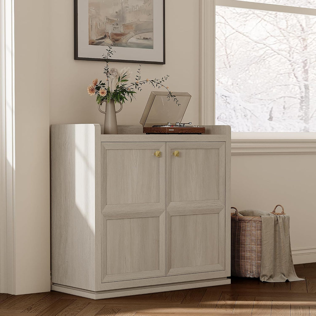Sideboard Buffet Cabinet with 4 Doors & Shelves, Golden Handles | 68" wide; adjustable shelves; white oak accent