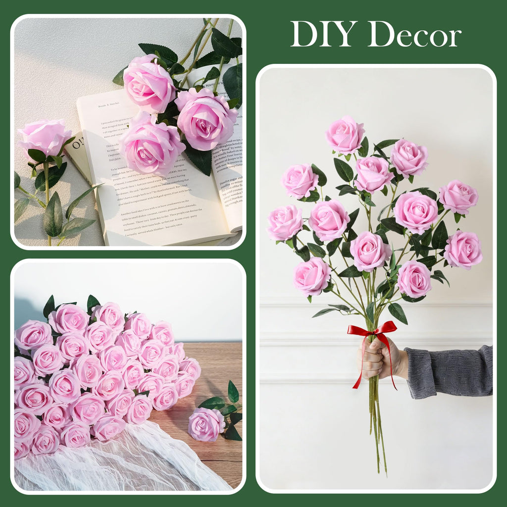 50 PCS Pink Roses Artificial Flowers with Long Stems