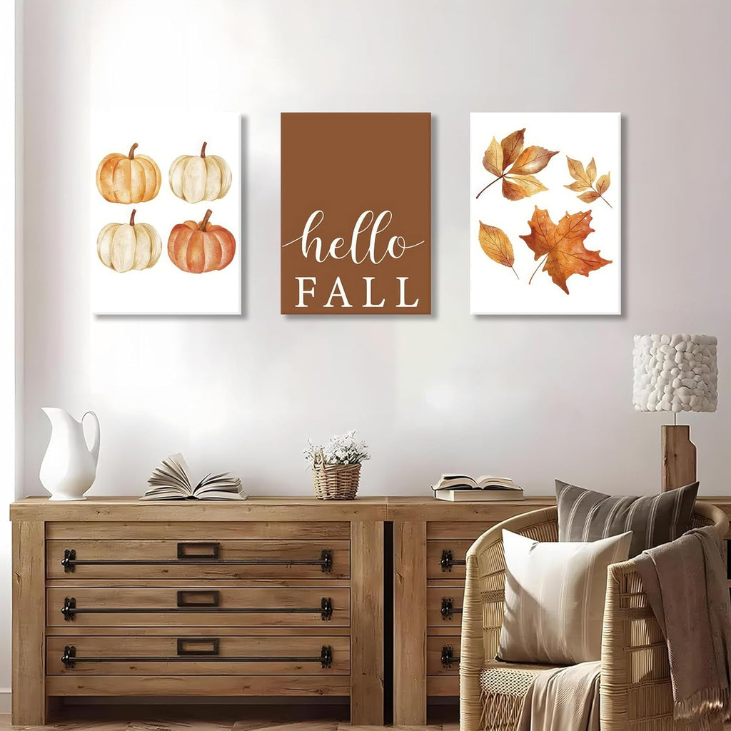 Vintage Fall Wall Art Set of 3, Rustic Farmhouse Seasonal with Hello Fall Sign Canvas Prints Painting, Thanksgiving