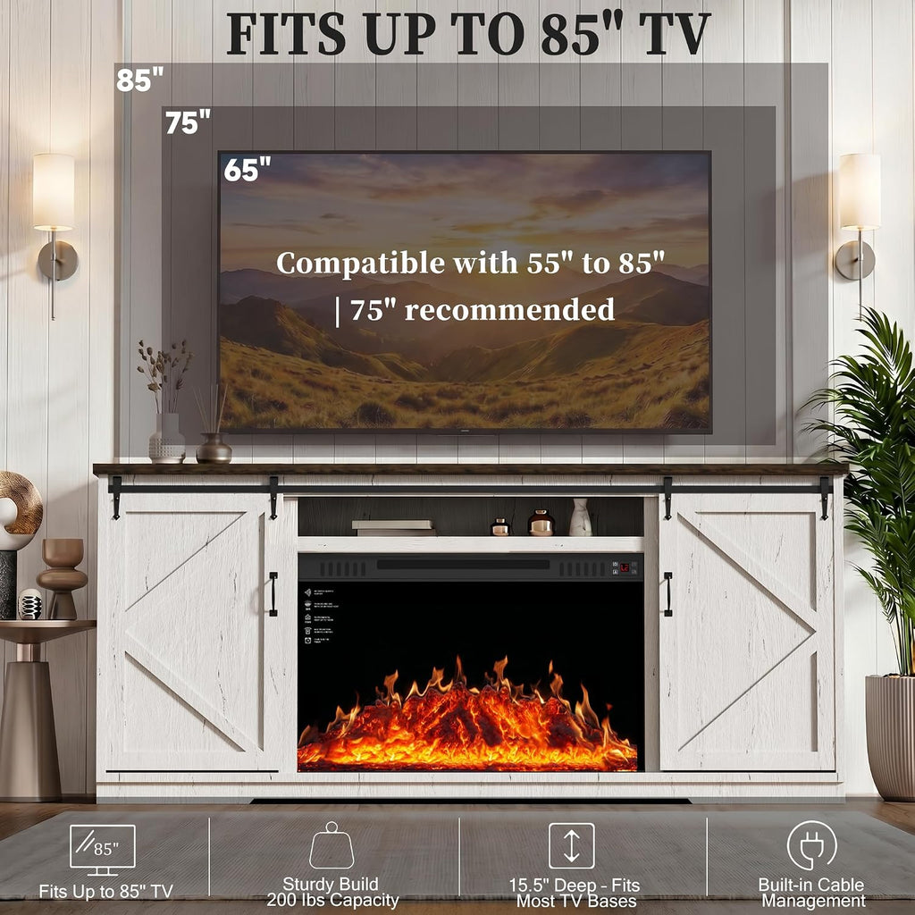 70'' Fireplace TV Stand for 85 Inch TV, 36" Tall Farmhouse Entertainment Center with Electric Fireplace, Rustic Media