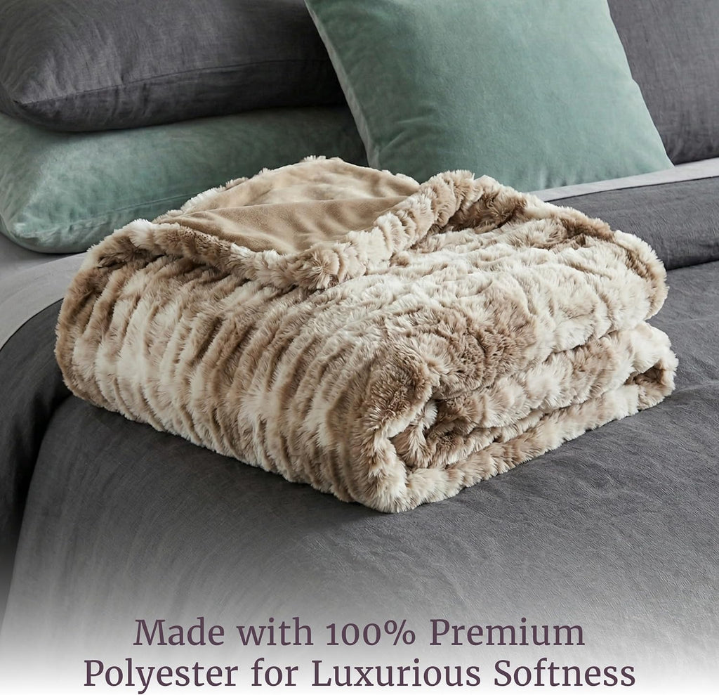 Oversized Ruched Faux Fur Blanket, Taupe, 60" x 80" | Plush Polyester Faux Fur Queen-Size Throw Blanket for Sofas and