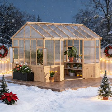 8X12 FT Wooden Greenhouse for Outdoor - Heavy Duty Walk-in Green House Kit with 6mm Polycarbonate, Lockable Door &