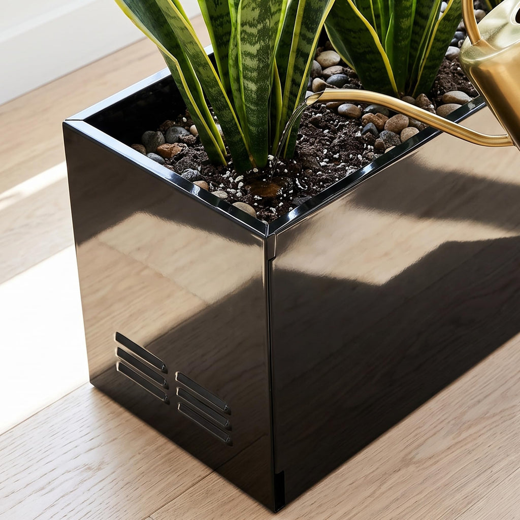 Metal Planter Box - 30" L x 11" W x 13" H Glossy Black Heavy Duty Large Rectangular Steel Modern Plant Pot, Indoor