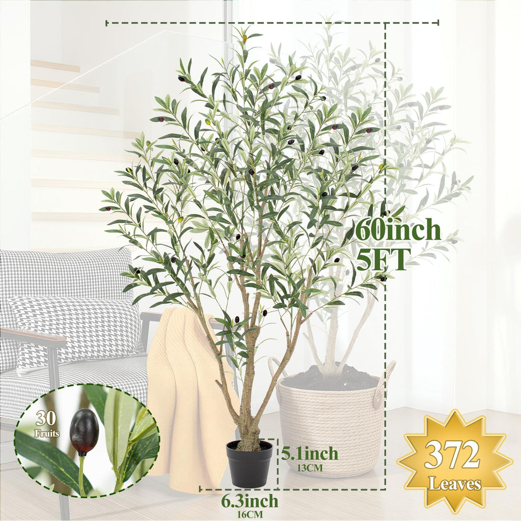 5ft Olive Trees Artificial Indoor, Tall Faux Olive Tree with Realistic Leaves and Lifelike Olives Fruits, Large Fake