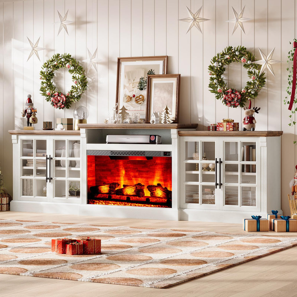 97" Farmhouse TV Stand with 33" Fireplace, White Barnwood