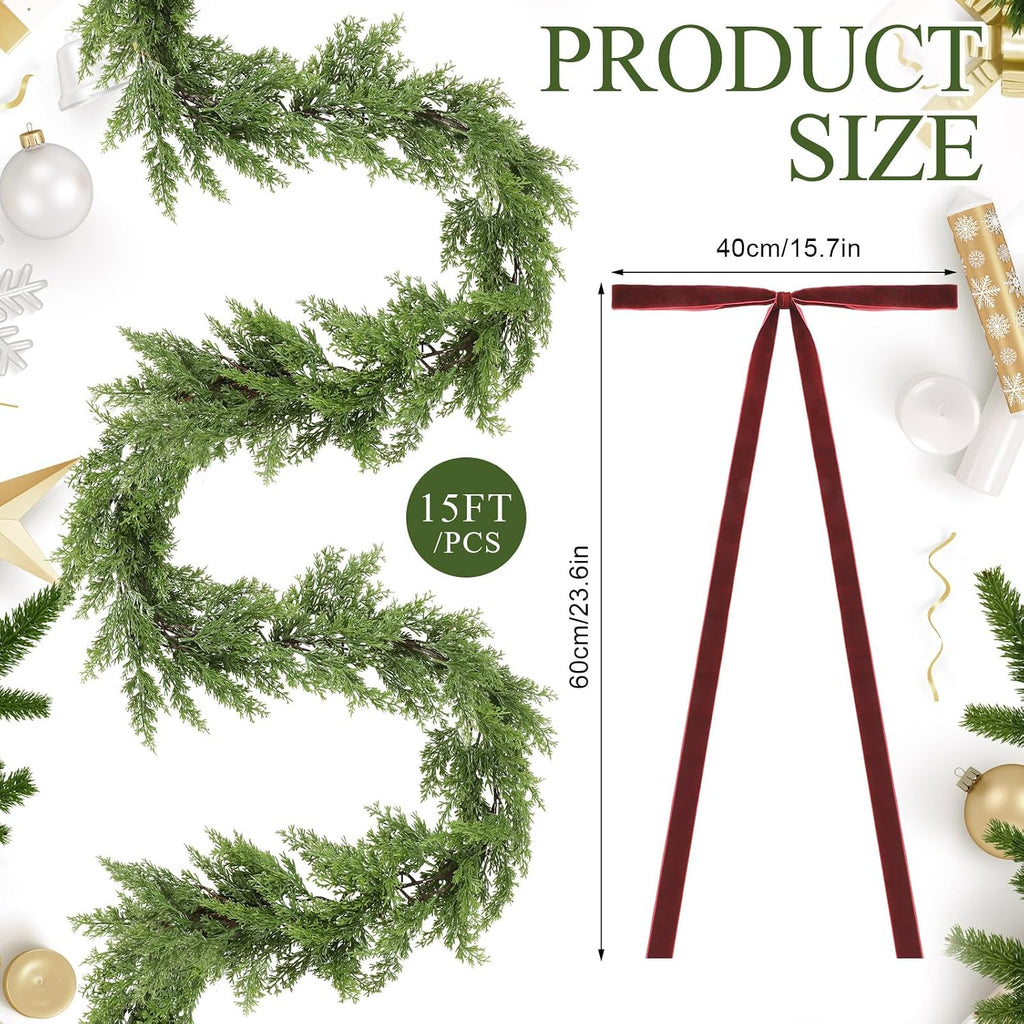 15ft Christmas Garland for Stair with 4 Velvet Bows, Cedar Pine