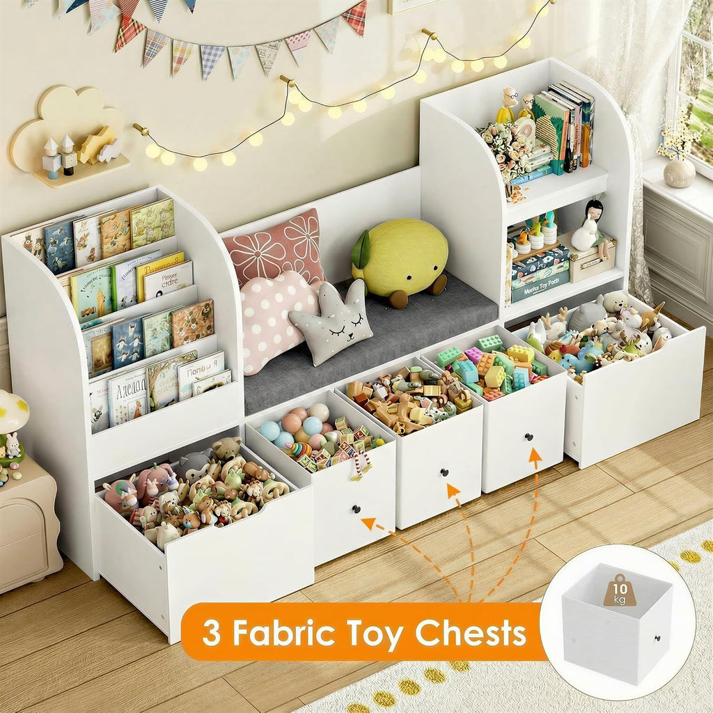 Kids Bookshelf with Reading Nook, Toy Organizer with Seat Cushion | 71'' Kids Bookshelf with 2 Movable Drawers and 3
