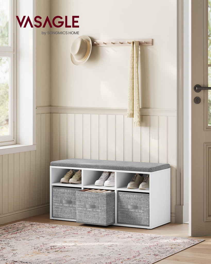 Shoe Bench with Cushion, 6 Compartments, 3 Adjustable Shelves