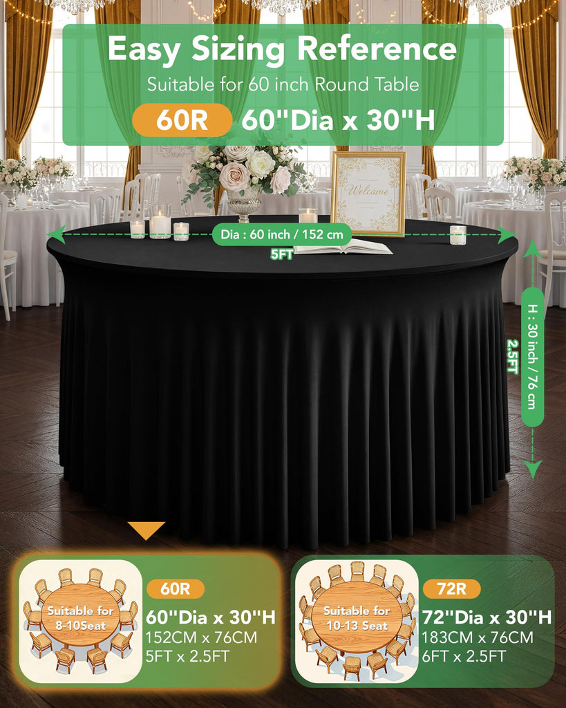 Elastic Round Tablecloths 60 inch with Floor-Length Skirts, Black, 6 Pack