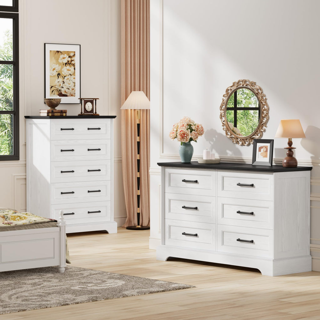 Farmhouse Dresser, 6 Drawers Dresser, White & Black