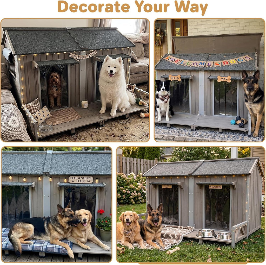 Dog House Outdoor Double Room Cedar Wood with Porch for 2 Dogs