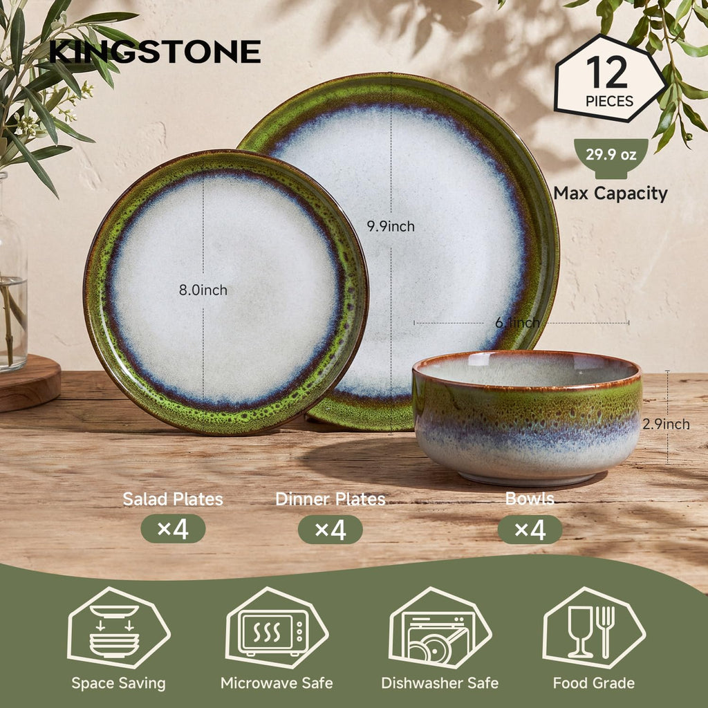 Dinnerware Set for 4, Green Reactive Glaze Plates and Bowls Sets