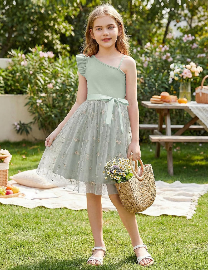 Girls Dresses Summer One Shoulder Sleeveless Dress with Belted