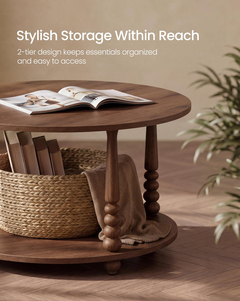 2-Tier Round Coffee Table with Storage, Solid Wood Legs