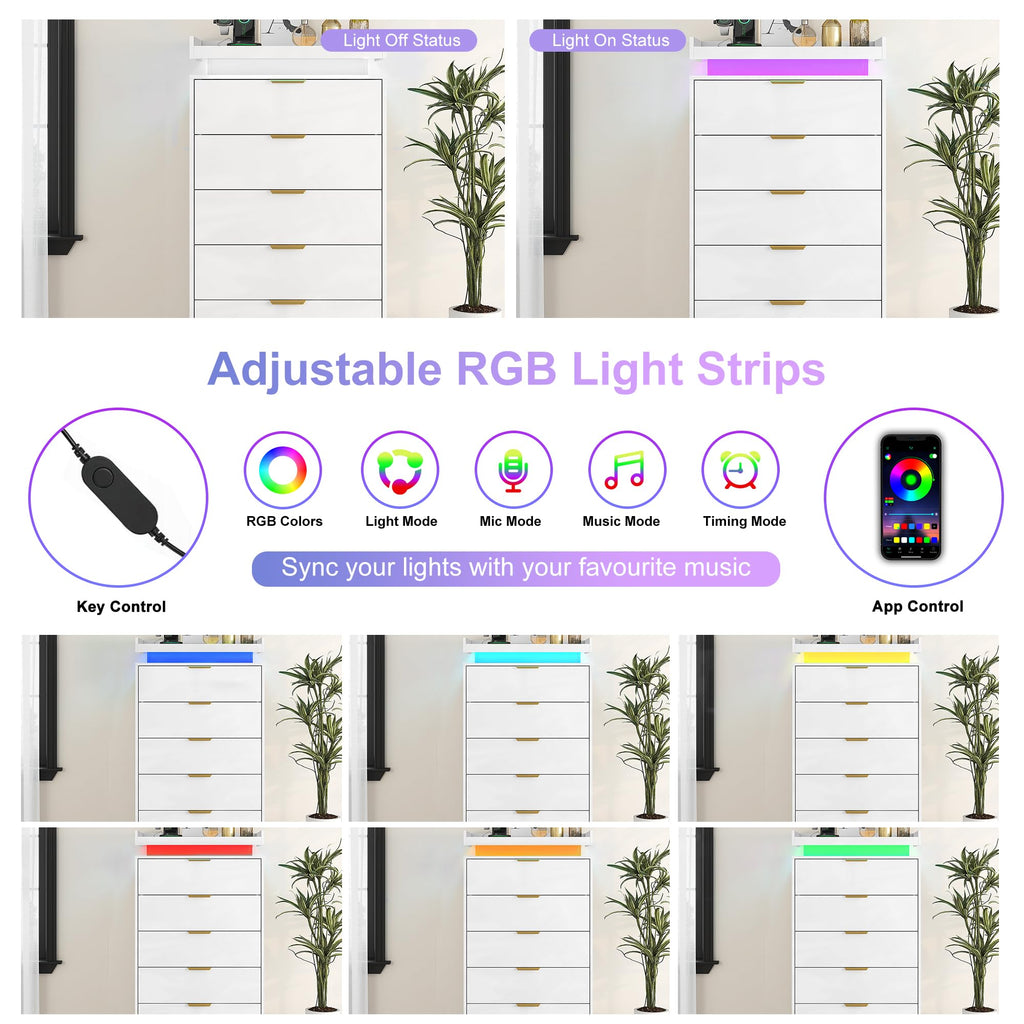 Tall Dresser, White Dresser with LED Lights, Wood 5 Drawer Chest with Power Outlet, Modern Chest of Drawers