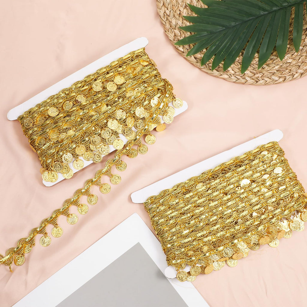 Gold Coin Shape Sequin Fringe Trim, Sequins Lace Tassel Gold Trim, 1.37 Inch Width Sequins Fringe for - 2 Pack 10 Yards