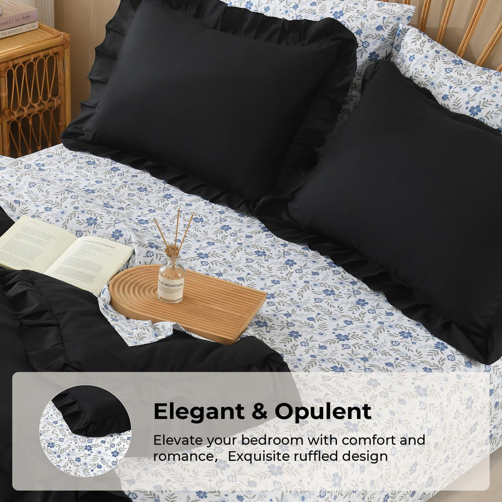 7Pcs Ruffled Black Comforter Set with Floral Sheets