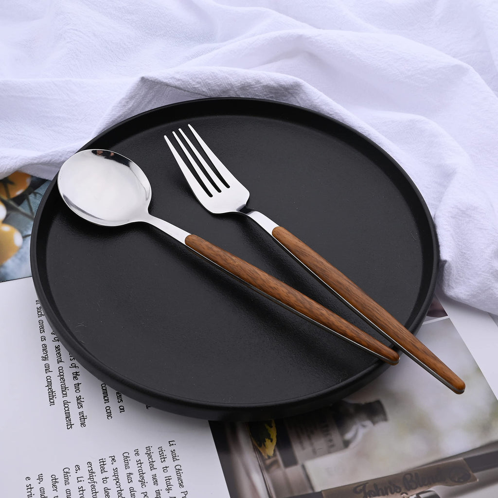 24-Piece Silverware Set for 6, Silver Mirror Polished Stainless Steel Flatware Set, Wooden Effect Handle Utensil Set