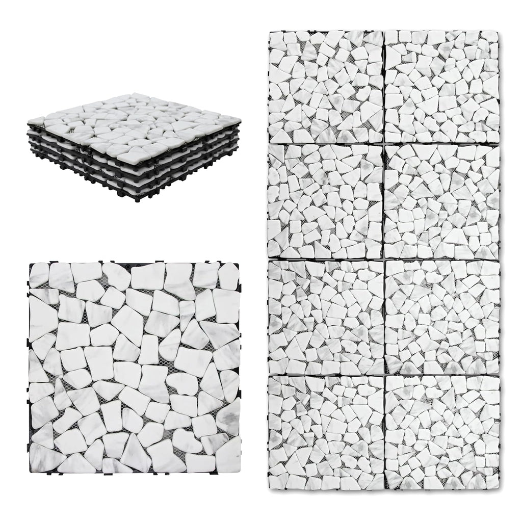 4PCS Natural Pebble Interlocking Deck Tiles, 12" x 12" Recycled Glass Marble Looks Waterproof Patio Deck, Outdoor &