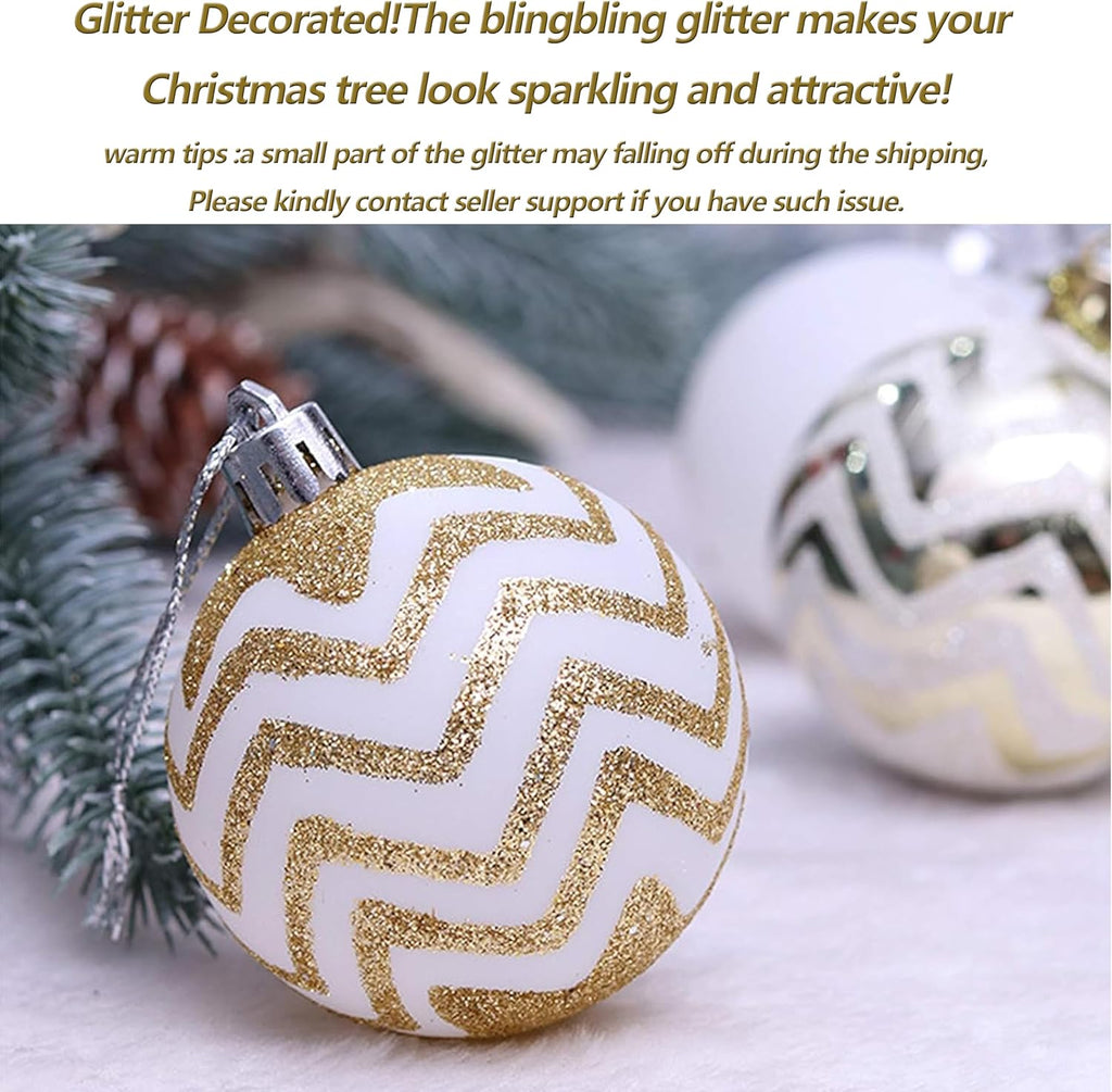Christmas Balls Ornaments,60MM Gold&White Painted Shatterproof Festive Wedding Hanging Ornaments Christmas Tree - Set of 30