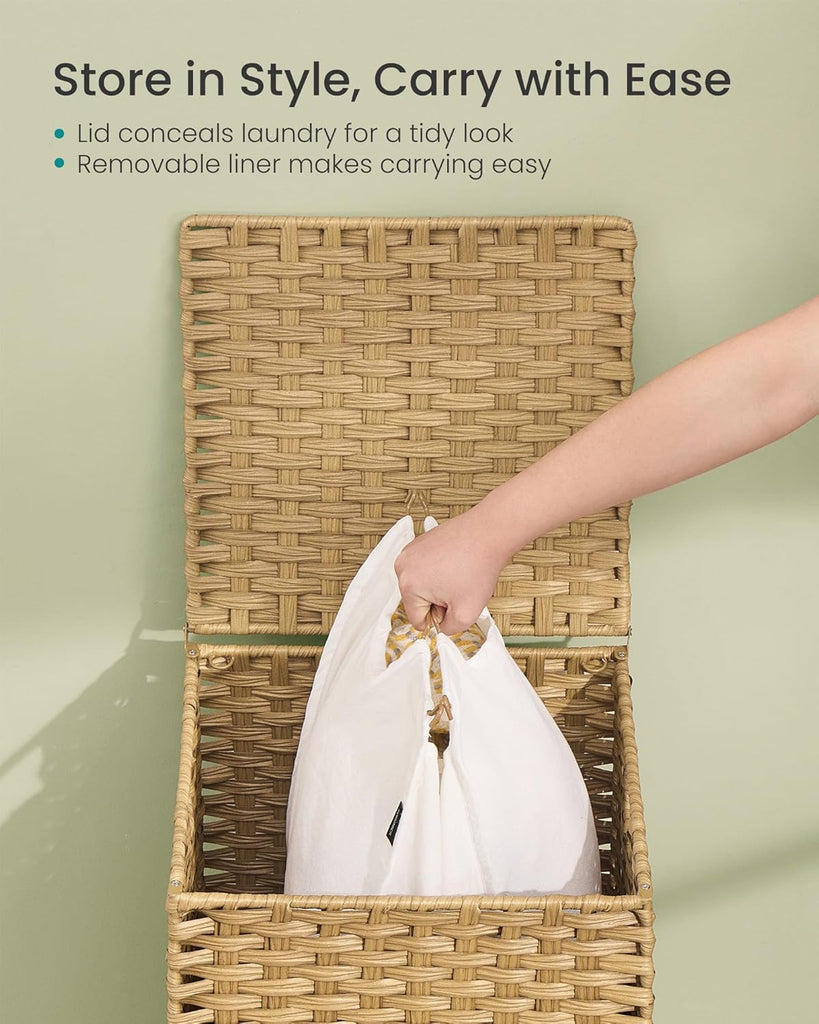 Laundry Hamper with Lid, 25 Gal (95L) PE Rattan Laundry Basket with Removable Washable Liners, Goose Yellow