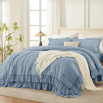 Grayish Blue Ruffle Comforter Set, 3 Pieces Solid Bedding