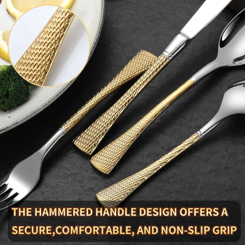 Hammered Silver Gold Silverware Set,20 Piece Modern Flatware Set Service for 4,Mirror Polished Stainless Steel