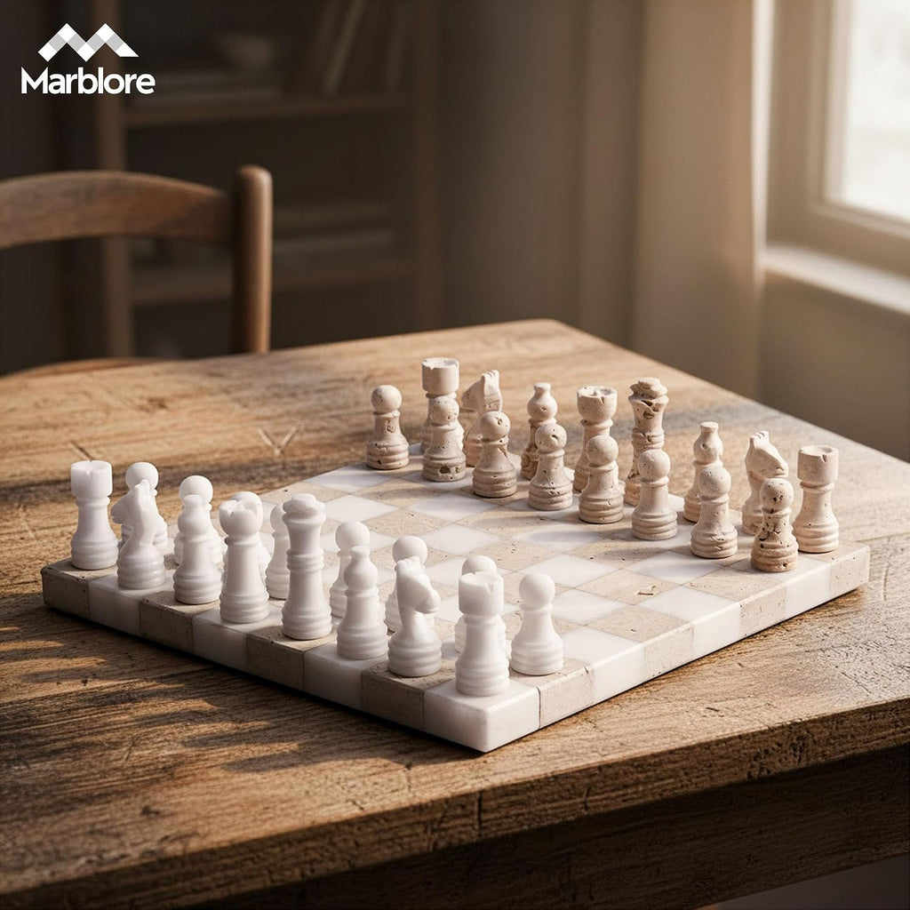 Marble Chess Set 10 Inch Handmade White & Travertine Chess Board with & 2 Extra Queens, Classic 2 Player - Set of 32