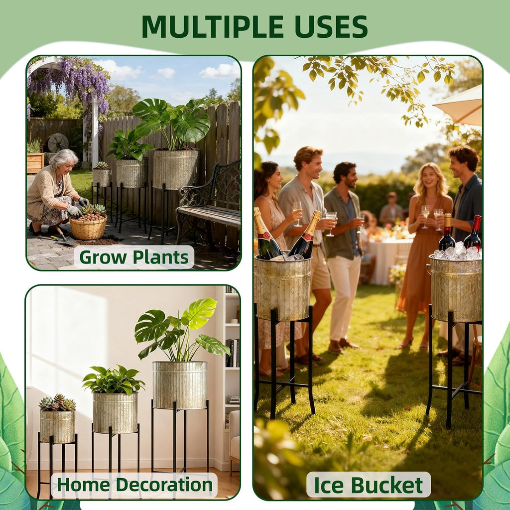 Set of 3 Planters with Stand, 23'' 27'' 37'' H Corrugated Galvanized Planters Pot with Removable Stand Farmhouse
