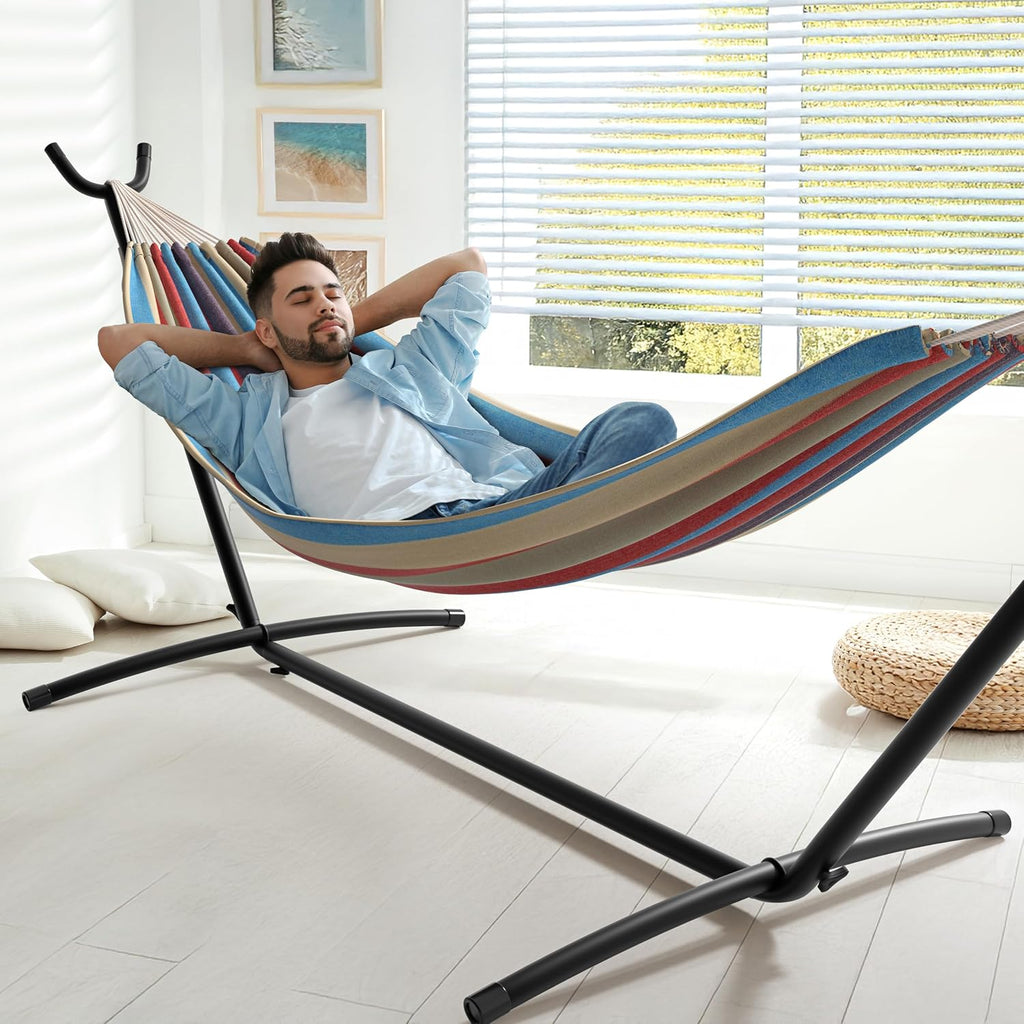 2-Person Luxury Hammock with Steel Stand- Premium Cotton Blend 60" Large Bed- Heavy Duty 450lbs Portable w/Carrying