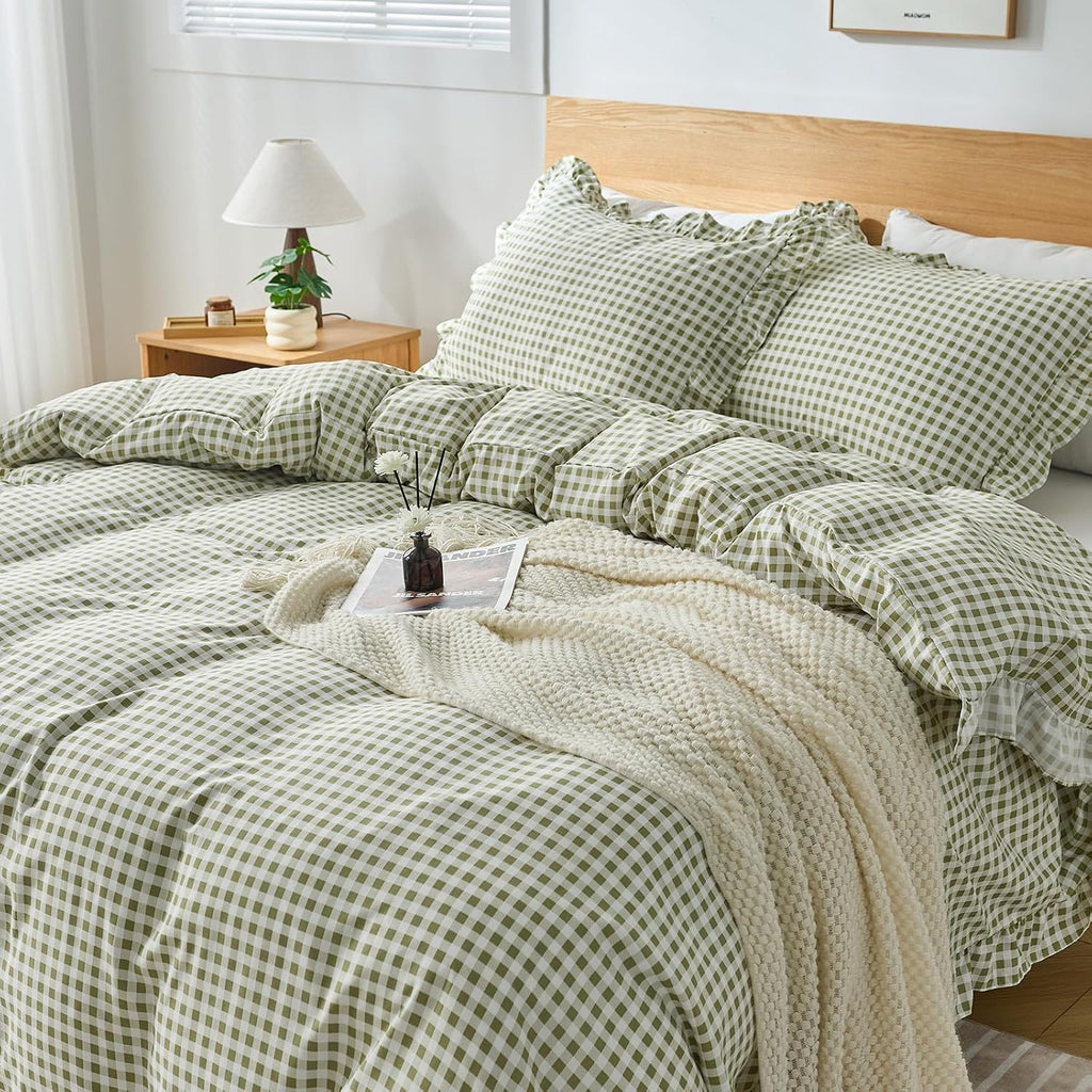 Gingham Duvet Cover Queen, 3 Pieces Soft Breathable Microfiber Plaid Duvet Cover with Zipper Closure & 2 Pillow