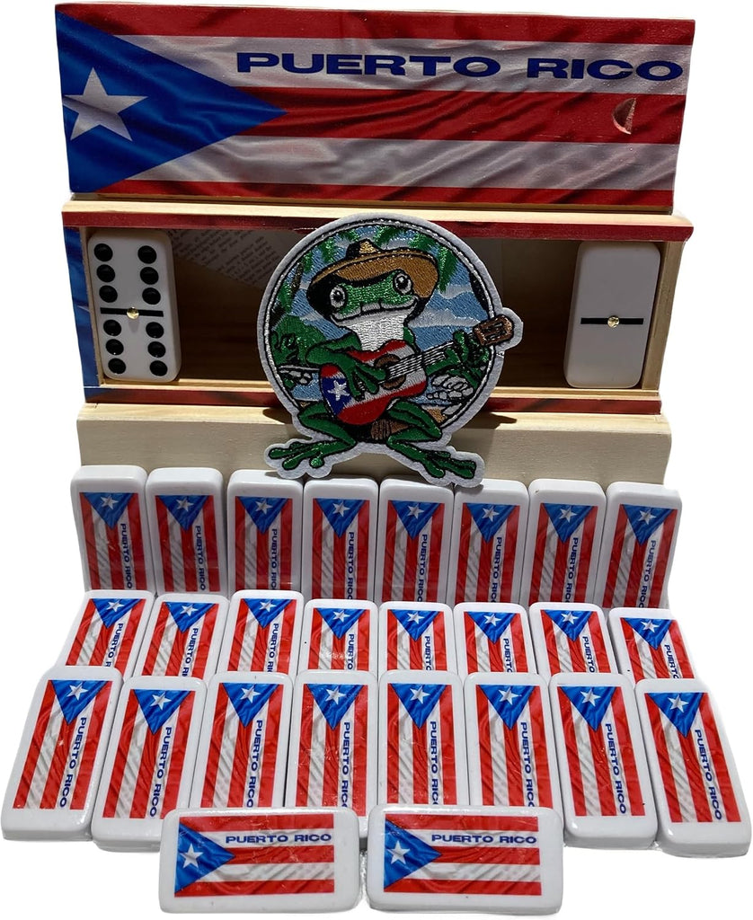 Puerto Rico Dominoes Set - Double Six Resin Tiles with Puerto Rican Flag - Classic Wooden Box Storage - Boricua