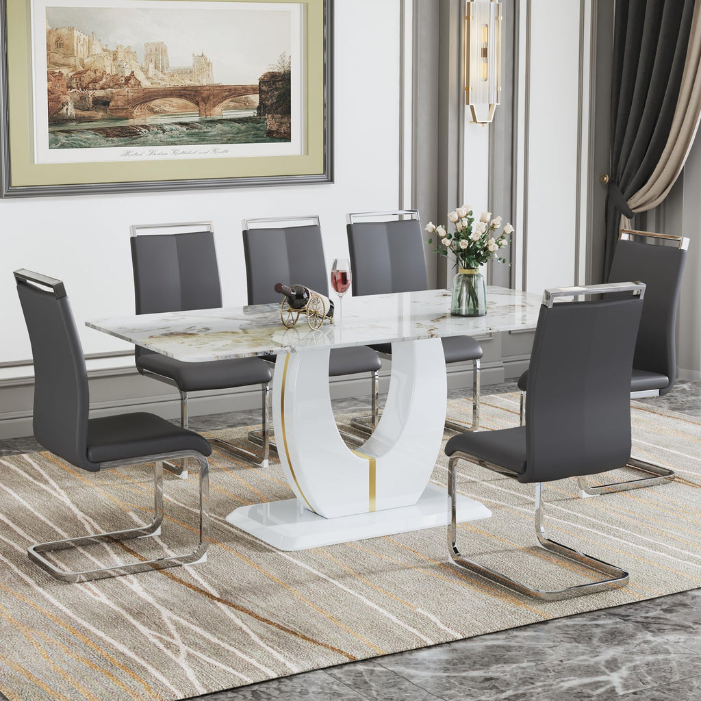 Dining Table Set for 6 with Chairs PU Upholstered, 71'' Pandora White Marble Dining Room Table and Chairs 1162 Gray