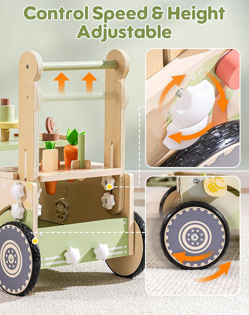 Wooden Baby Walker Push Toy for Toddlers, Baby Push Walker with Wheels, Farm-Themed Activity Center for Girls & Boys