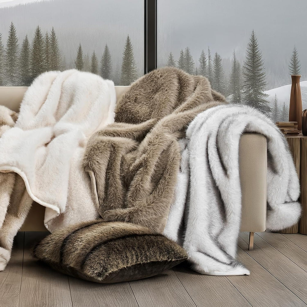 Luxury Faux Fur Throw Blanket, 60"x80", Natural Mink | Fluffy Faux Mink Blanket, Soft Cozy Plush, Thick Warm Winter