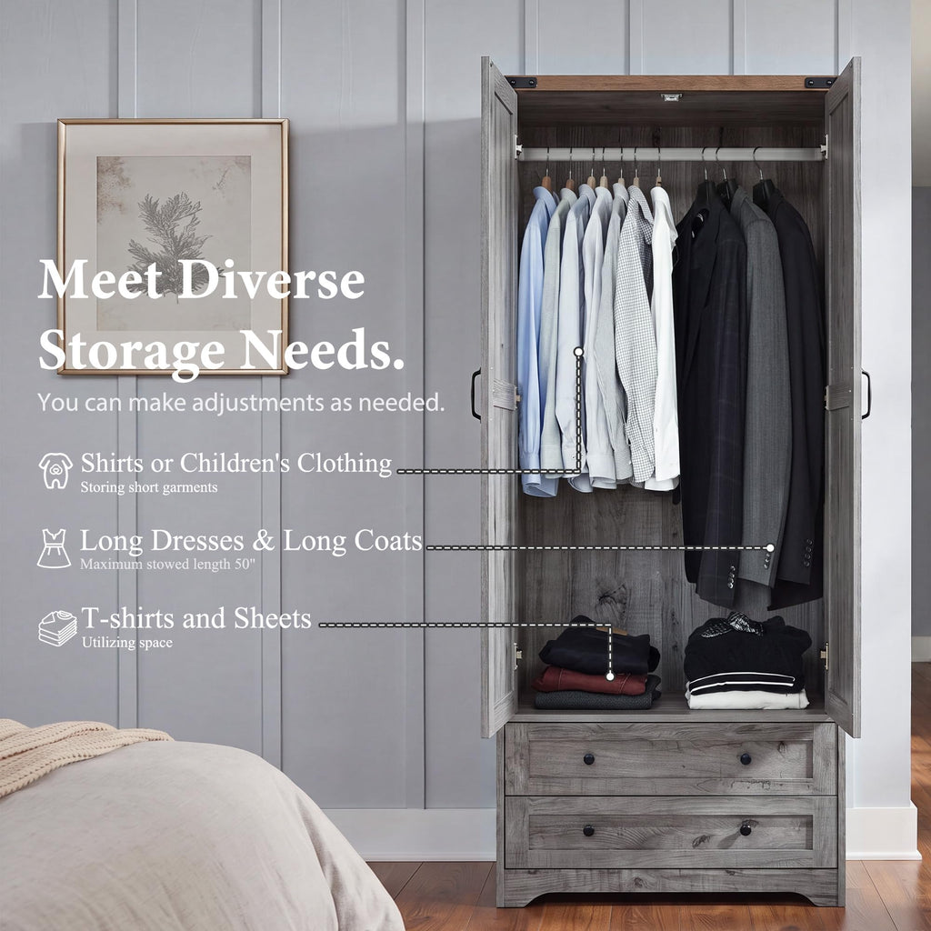 71" Wooden Armoire Wardrobe Closet with 2 Doors & 2 Drawers, Grey